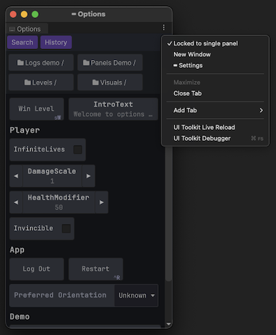 Screenshot of locking a panel to window